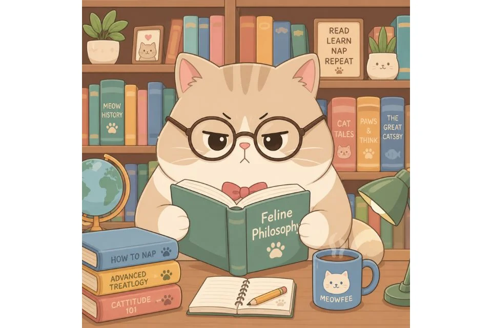 Hasil prompt ChatGPT buat gambar kucing lucu membaca buku